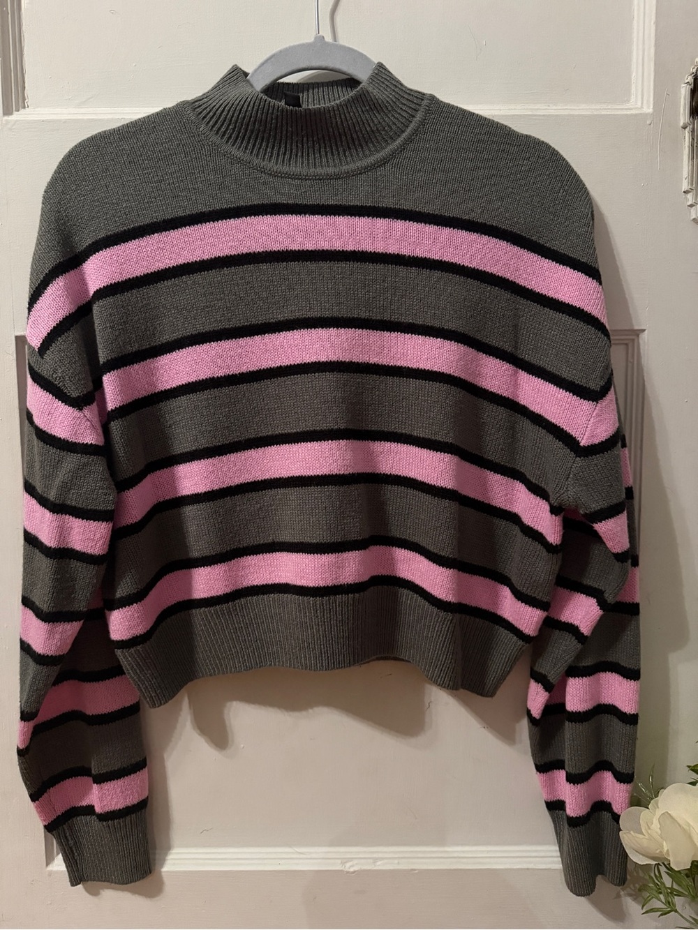 Divided Gray Mock Neck Sweater with Pink & Black Stripes